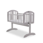 Swinging baby crib with rails on all 4 sides, curved top, with locking catch.