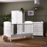 cot bed, changing unit with 3 drawers & T bar gold handles and matching double wardrobe.