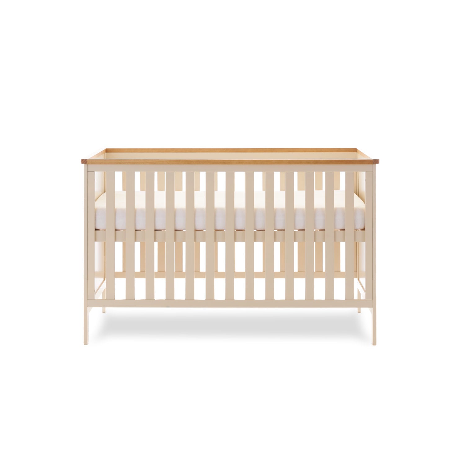 Cot Bed with rails on the sides & solid ends with wooden trim on top. Base on the new born setting.