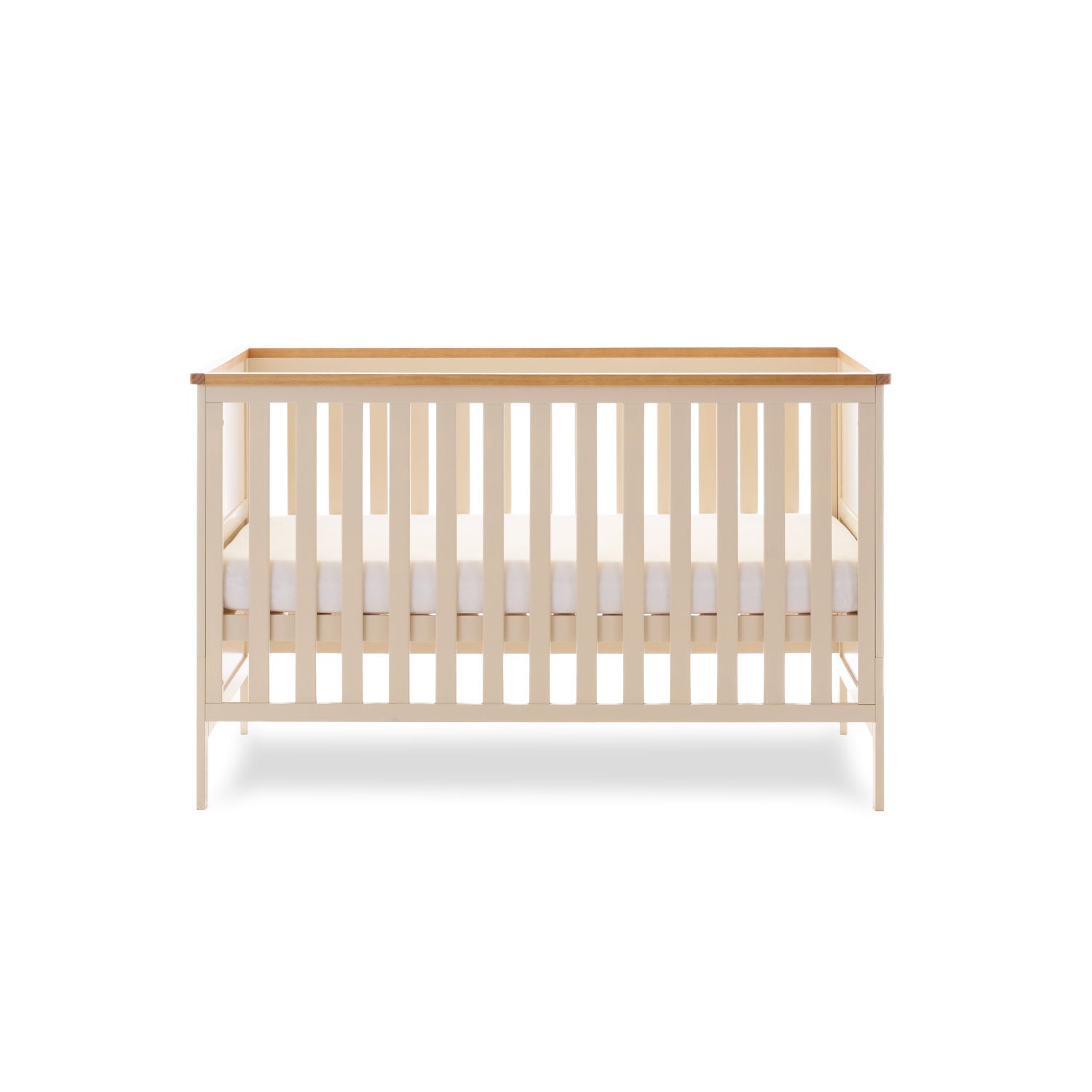 Cot Bed with open sides & solid sodes with wood trim on top of all 4 sides.