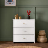 white changing unit with changing top removed, 3 drawers & gold T bar handles