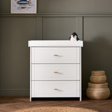 White Changing Unit with removable changing top, 3 drawers & gold T bar handles.