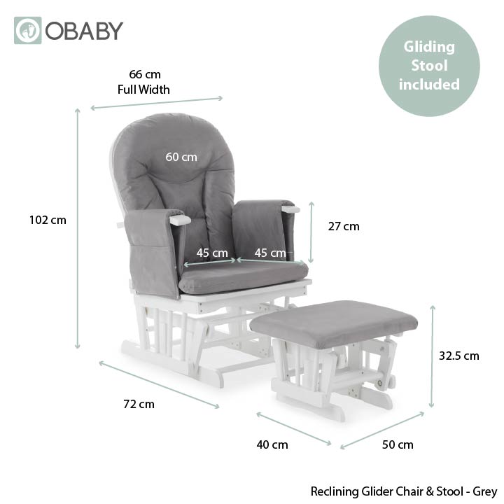 Dimensions of a reclining glider chair and stool in grey with all measurements