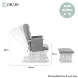 Reclining Grey nursery chair with matching stool and product measurements.