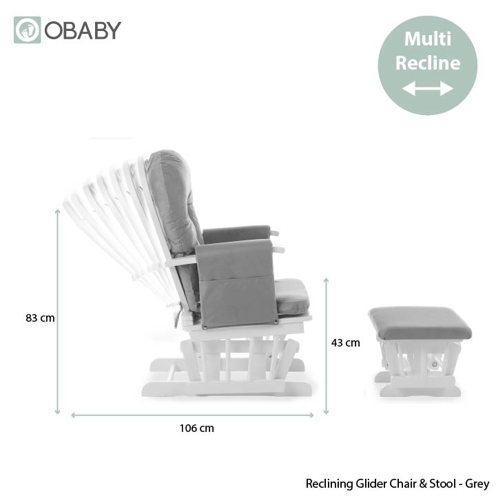 Reclining Grey nursery chair with matching stool and product measurements.