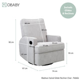 Reclining gliding chair in pebble colour in upright position with measurements