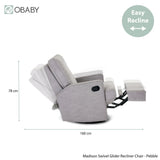 Reclining gliding chair in pebble colour in reclined position with measurements