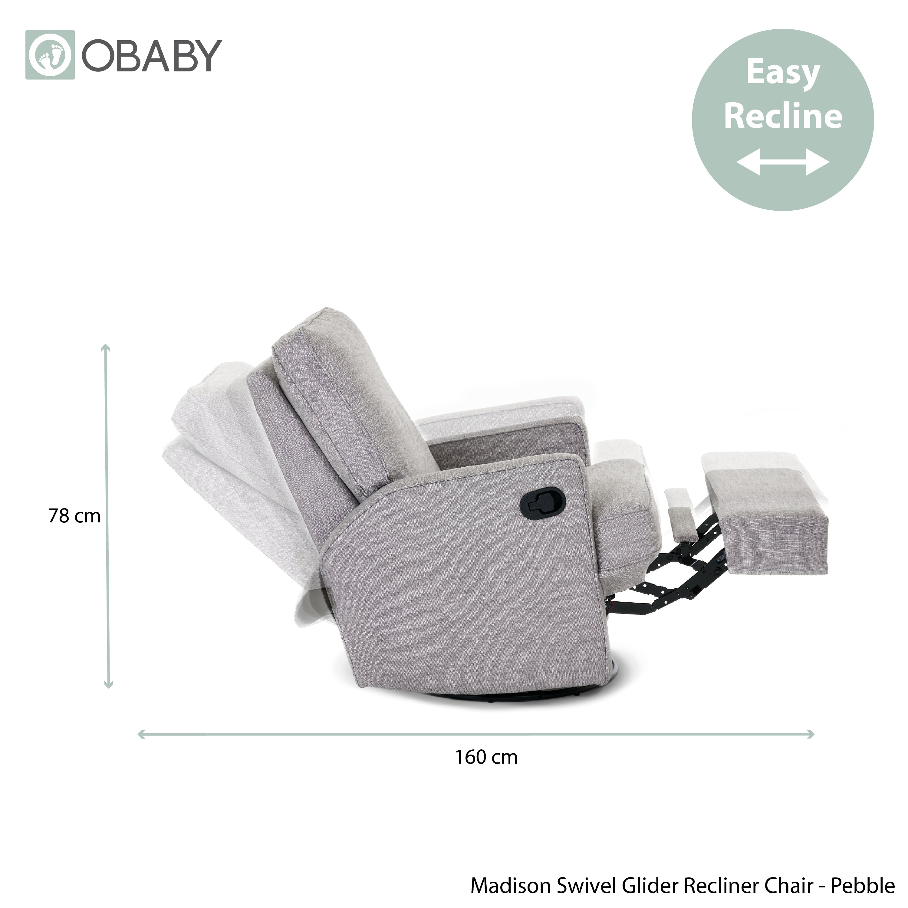 Reclining gliding chair in pebble colour in reclined position with measurements