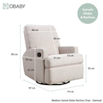 Reclining gliding chair in oatmeal colour in upright position with measurements