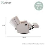 Reclining gliding chair in oatmeal colour in reclined position with measurements