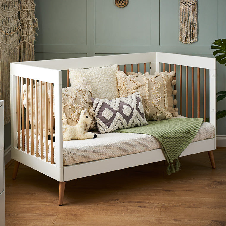 Maya Scandi Cot Bed with side off, converted into a Day Bed
