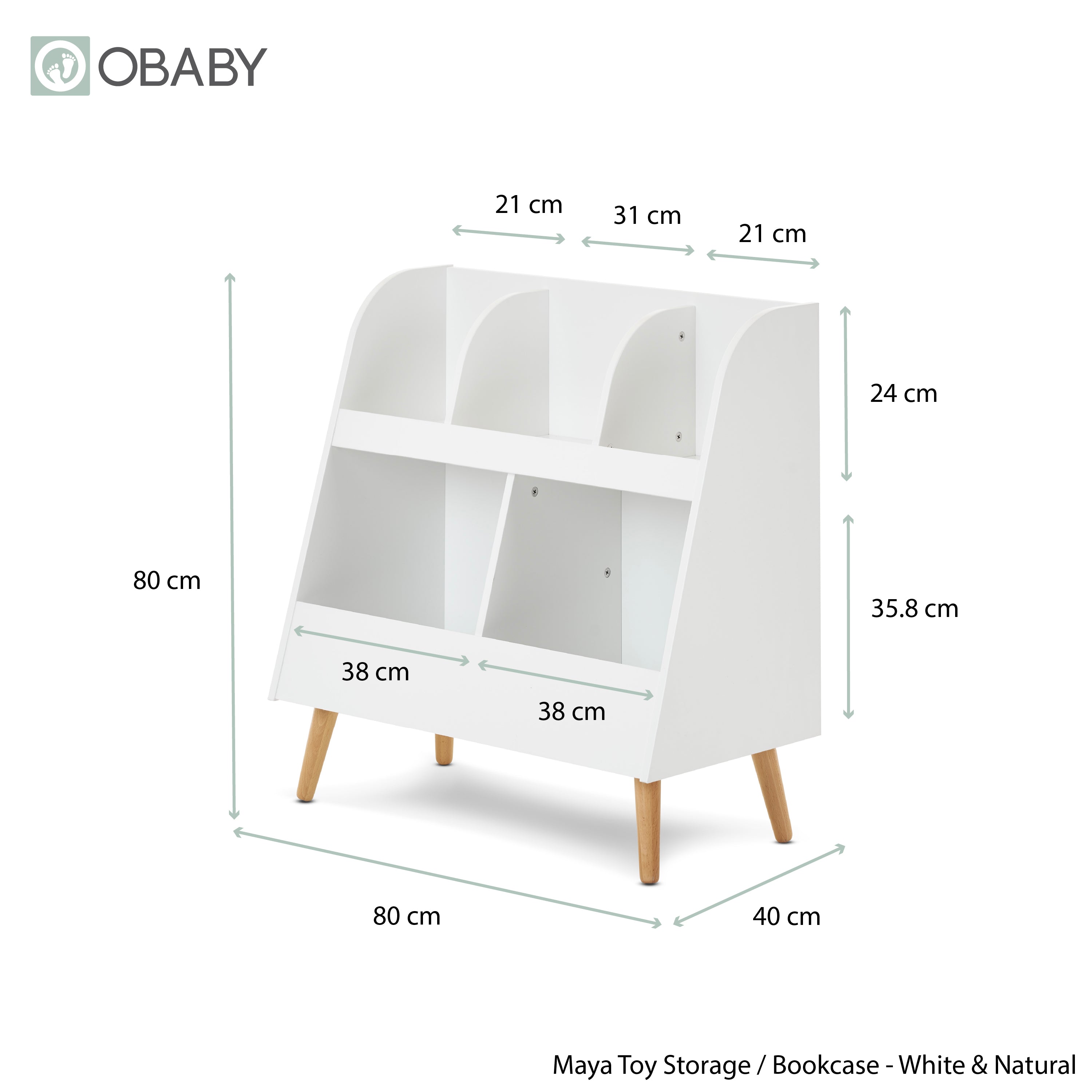 White bookshelf / toy storage unit with wooden feet and all measurements