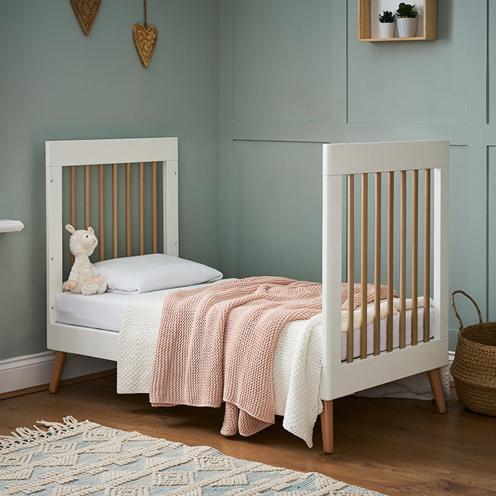 Maya Cot Bed converted into a toddler bed - White with Natural