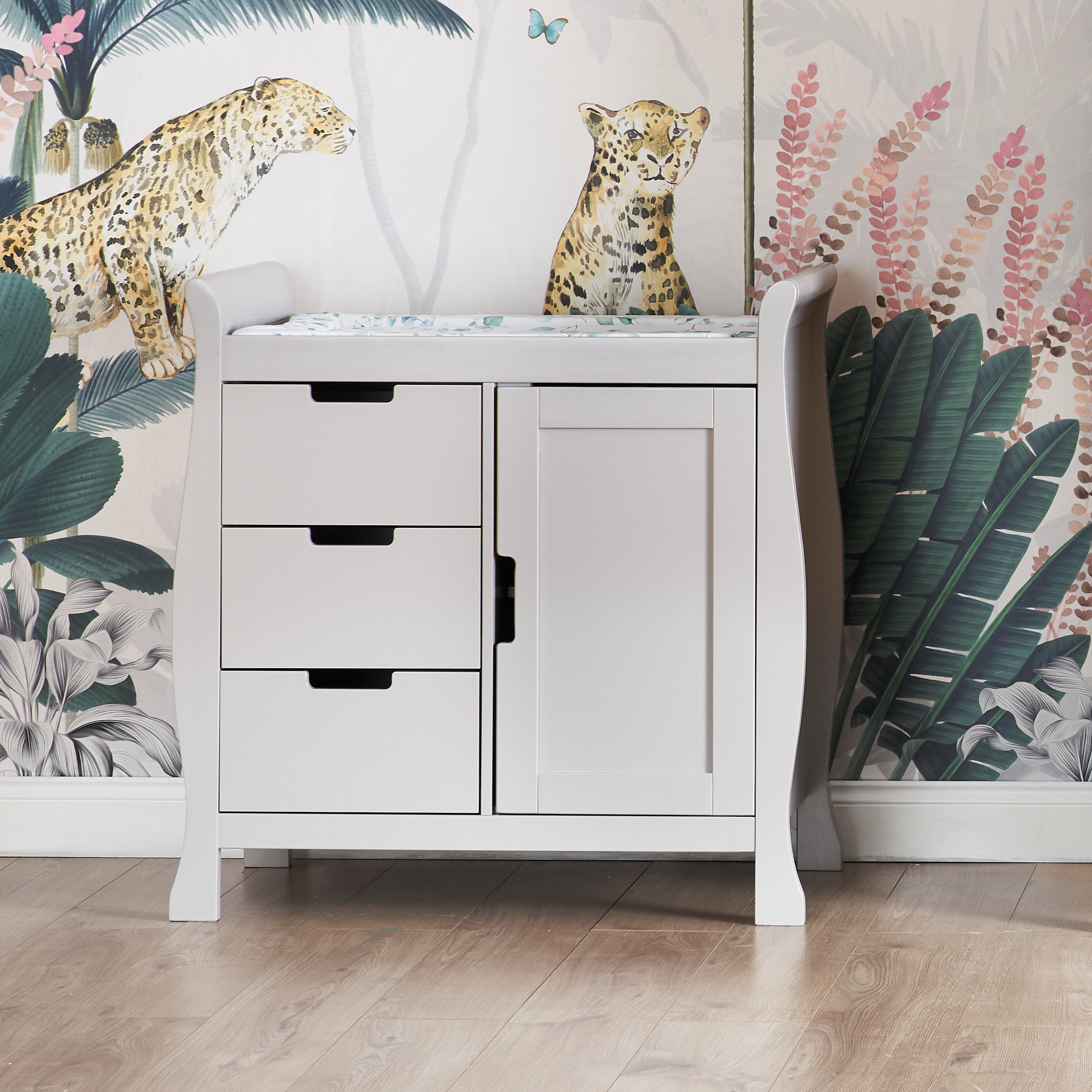 Sleigh Changing Unit with curved sides 3 drawers & door on the right hand side.