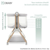 Bedside crib, side view showing different adjustable heights compatible with parents bed.