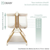 Bed side crib side view showing adjustable height with measurements compatible with parents bed.