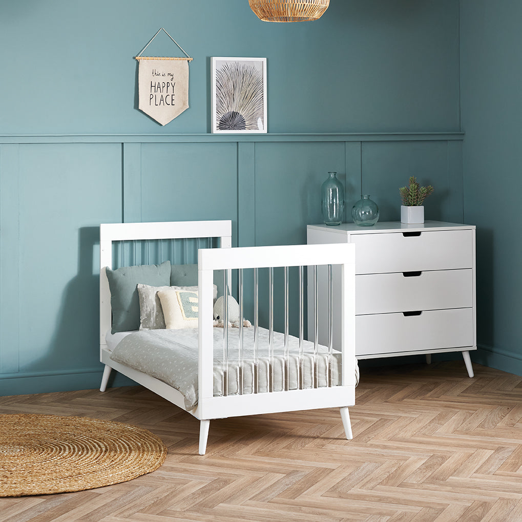 Scandi style cot bed, in toddler bed mode, by removing the the side rails.