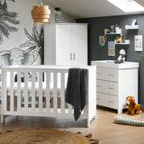 3 Piece nursery set includes cot bed with solid end & teething rail, changing unit has 3 drawers with metal handles & removable changing top, wardrobe has 2 doors & drawer at the bottom.