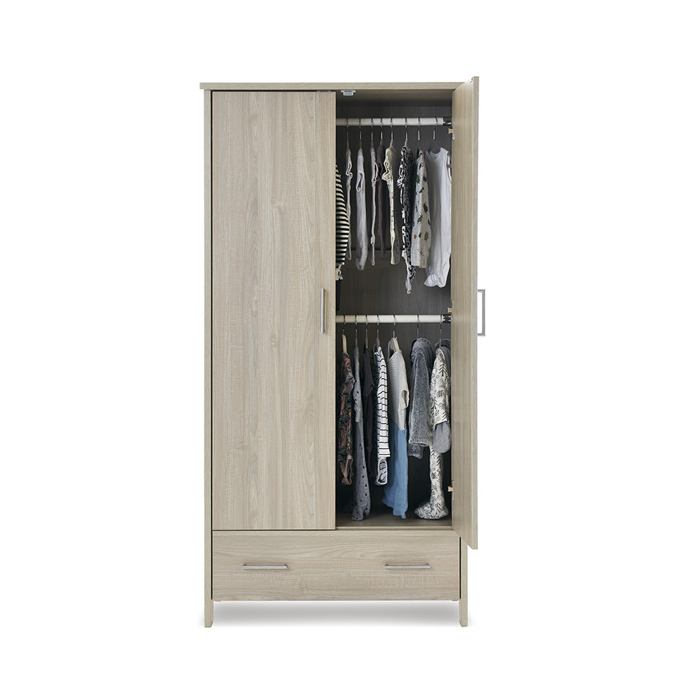 Double Wardrobe with 1 doors & 1 drawer, 1 dorr is opens showing 2 rails inside.