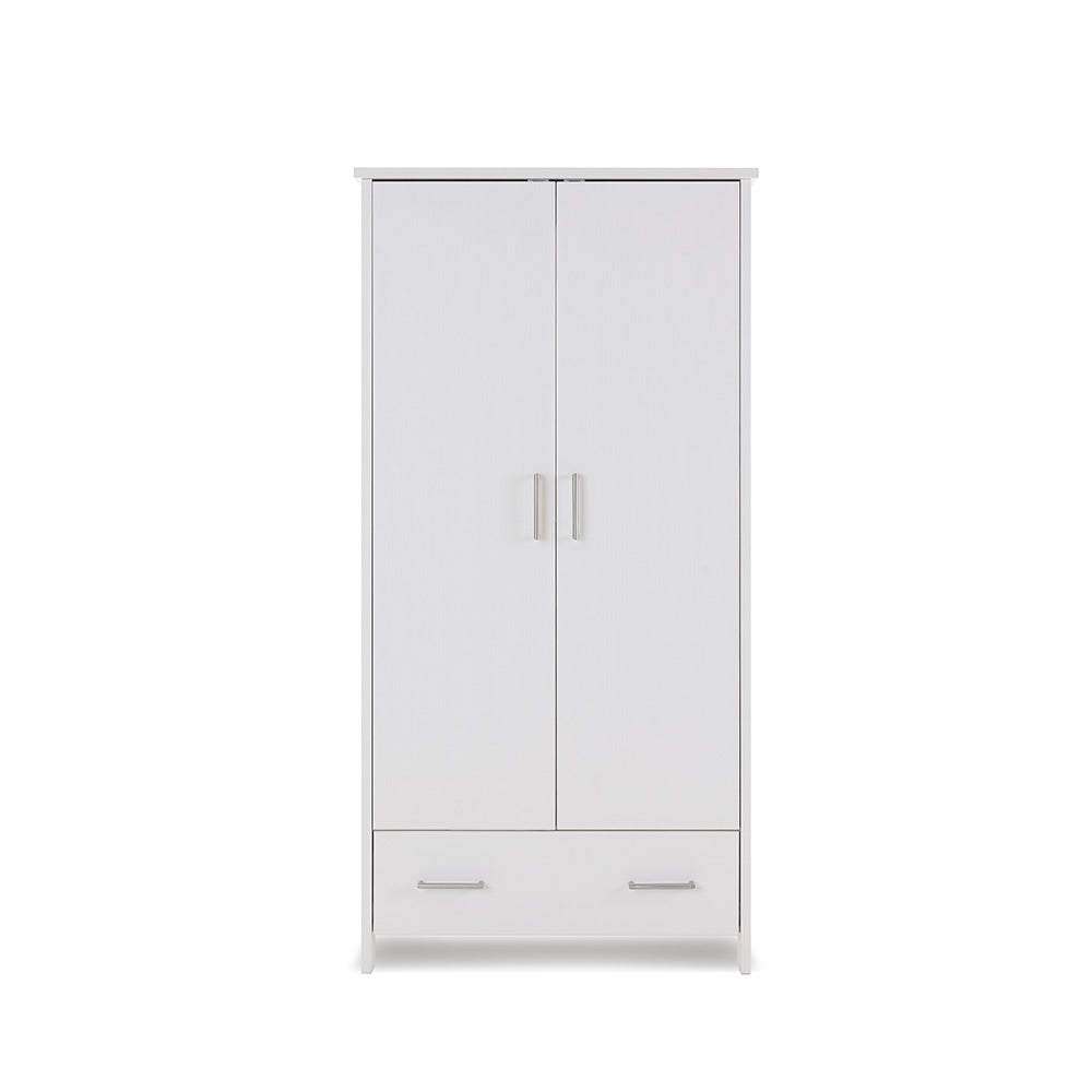 Compact Double Wardrobe with 3 doors & drawer at the bottom with meta handles.