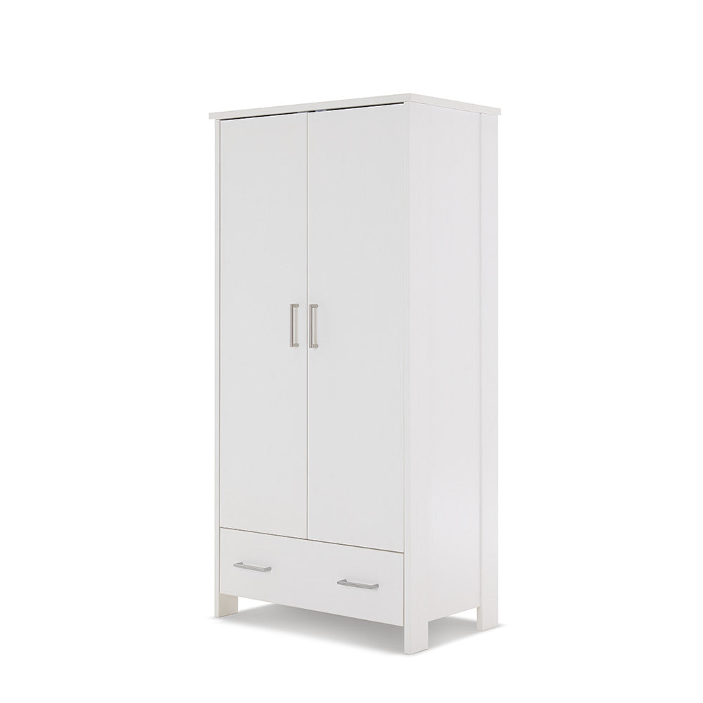 Compact Double wardrobe with 2 doors & drawer at the bottom with metal handles.