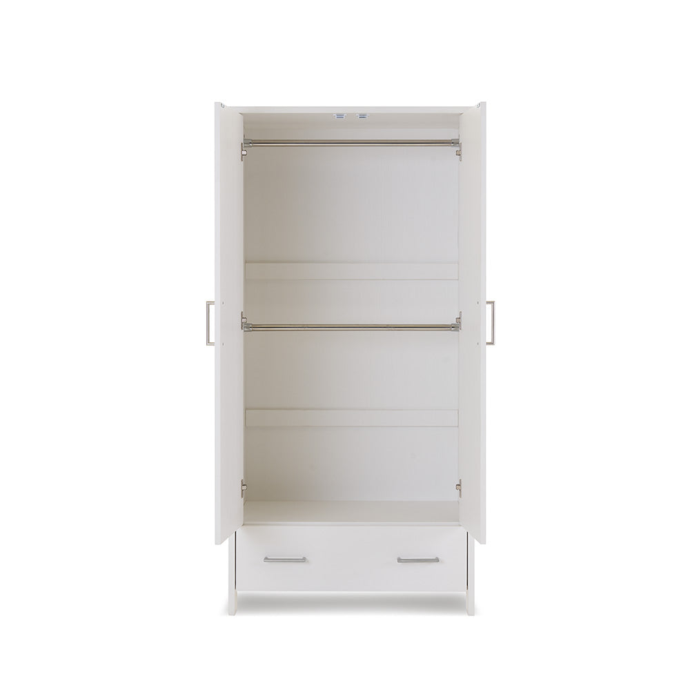 Double wardrobe with wood style texture, doors open with 2 rails. Drawer at the bottom with metal handles.