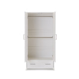Double wardrobe with wood style texture, doors open with 2 rails. Drawer at the bottom with metal handles.