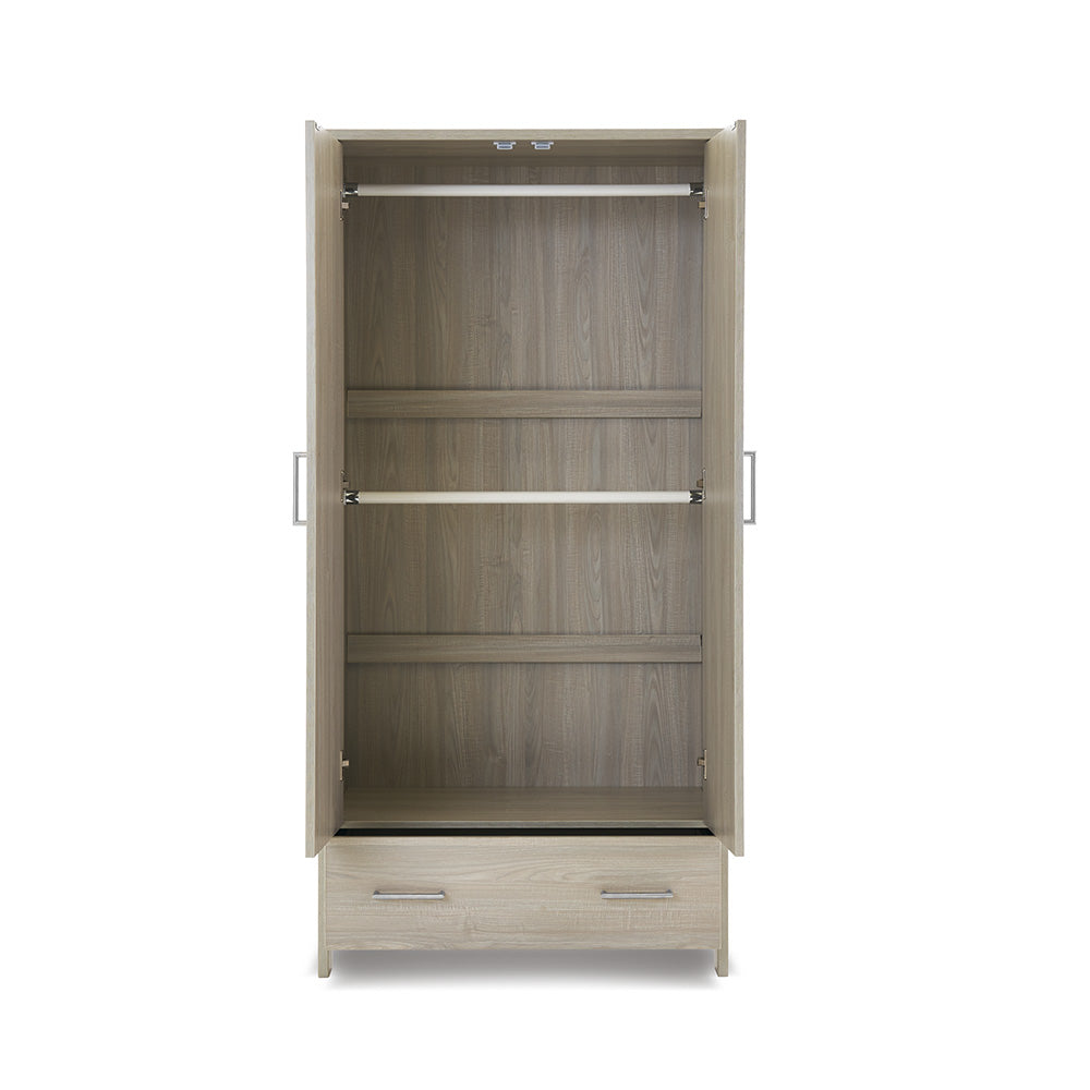 Double wardrobe with Doors open showing 2 rails inside. Drawer at the bottom.