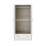 Compact Double Wardrobe with doors open showing 2 hanging rails & drawer with metal handles.