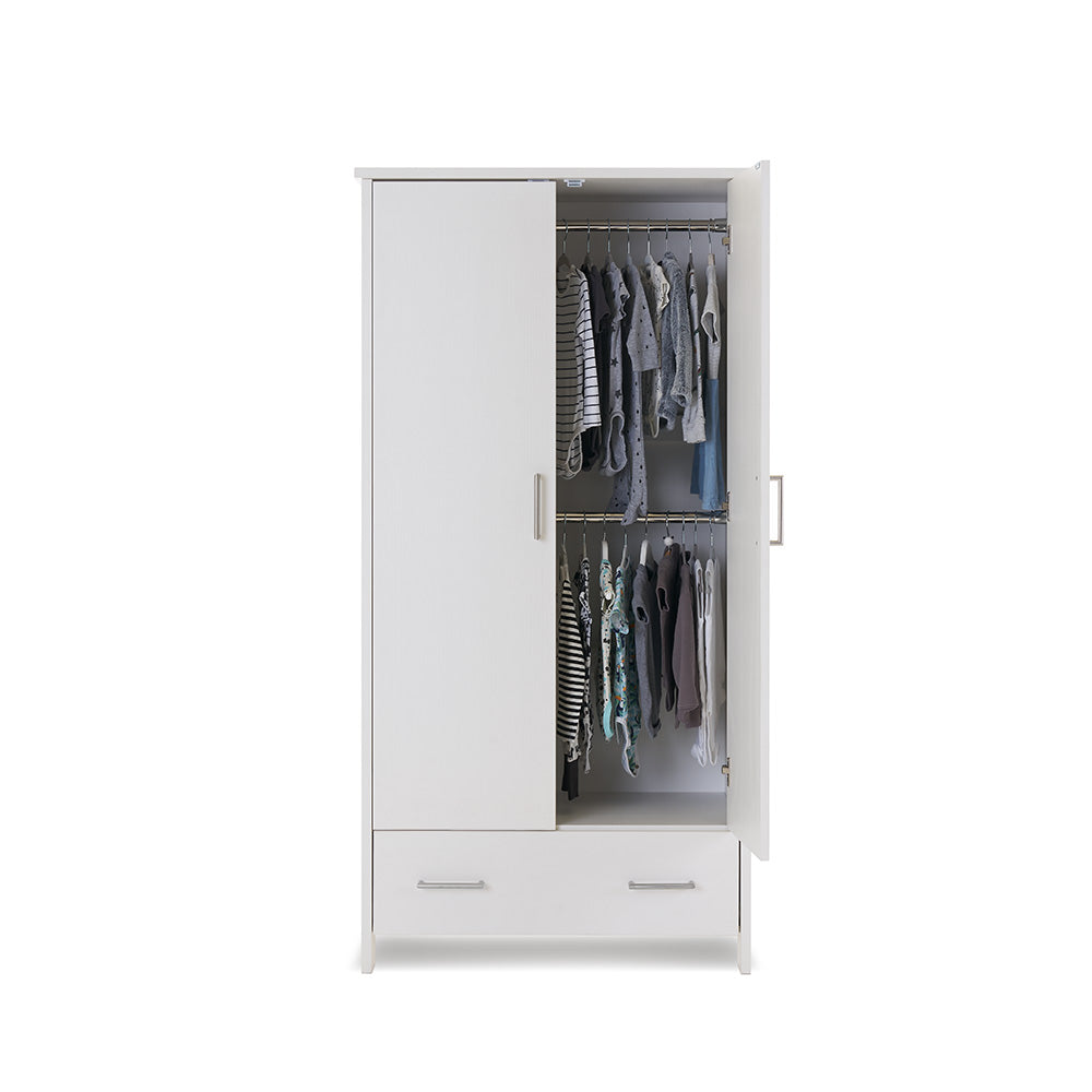 Double Wardrobe with wood style texture, one door open showing two rails inside & drawer at the bottom with metal handles.