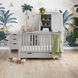 Sleigh 3 Piece nursery furniture set, cot bed has curved open sides, curve on the back panel & teething rail on the front rial, with under drawer included. Changing unit has curved sides, 3 drawers & door on the right hand side. Wardrobe has matching curved sides, 3 display shelves & drawers underneath, full length with cut out handles.