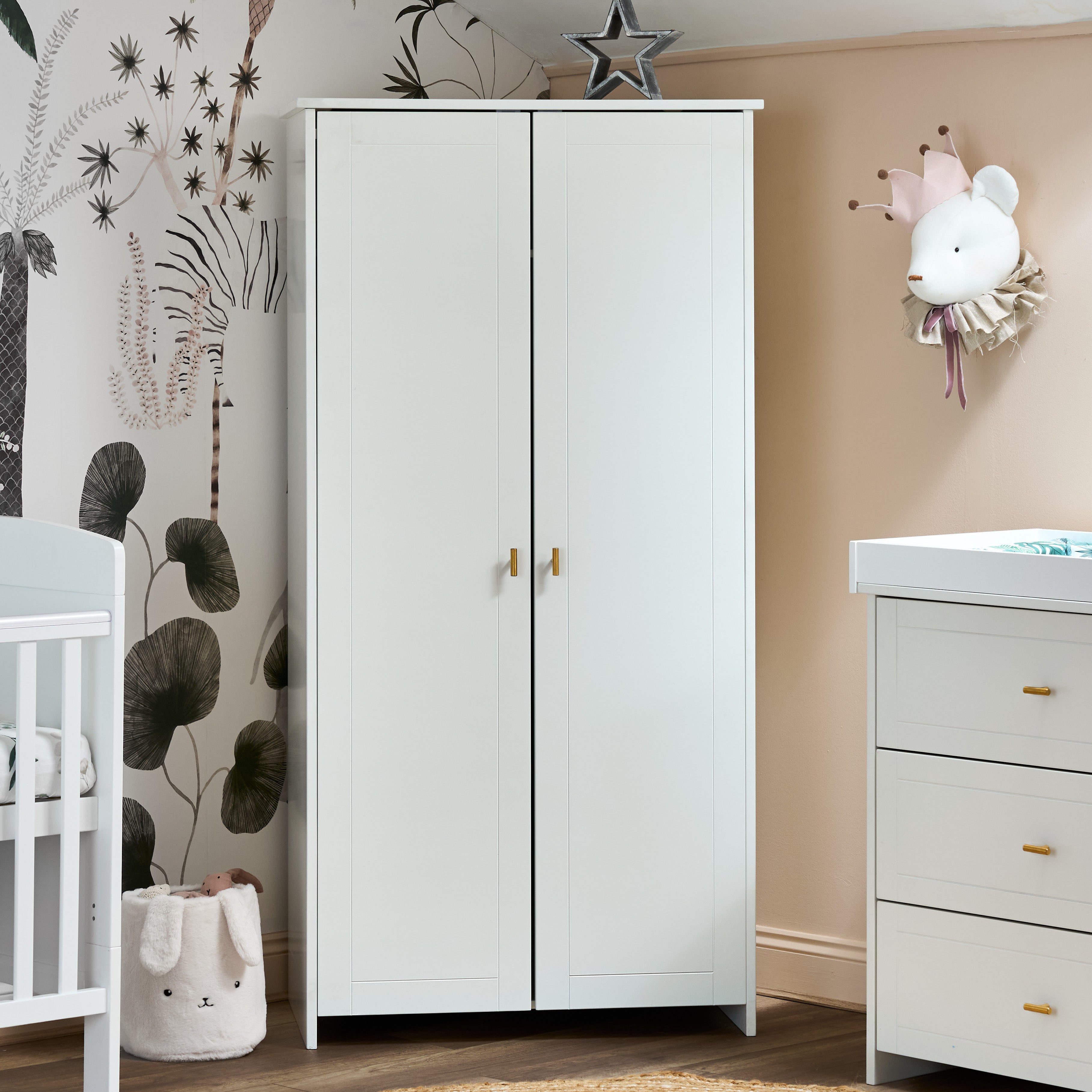 Double Nursery Wardrobe with gold T Bar handles.