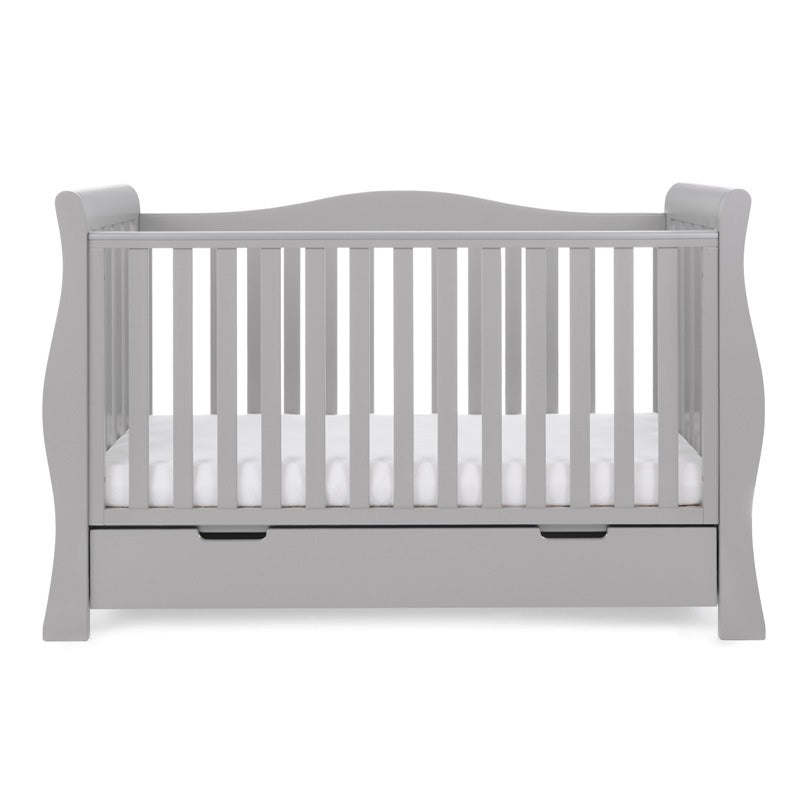 Sleigh Cot Bed with rails on all 4 sides, base on lowest setting & includes under drawer