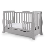 Sleigh Toddler bed with toddler safety rails fitted allowing access for toddlers to get in & out of bed.