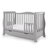 Sleigh Toddler bed with toddler safety rails fitted allowing access for toddlers to get in & out of bed.