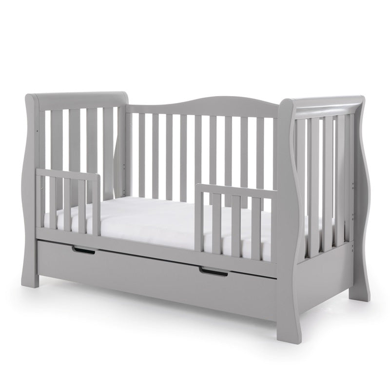 Sleigh Toddler bed with toddler safety rails fitted allowing access for toddlers to get in & out of bed.