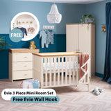 3 piece mini nursery set, includes a mini cot bed, with mattress base on new born hight, matching changing unit with 3 drawer & pine removable changing unit, matching wardrobe with pine trim all featuring gold "T" bar handles.