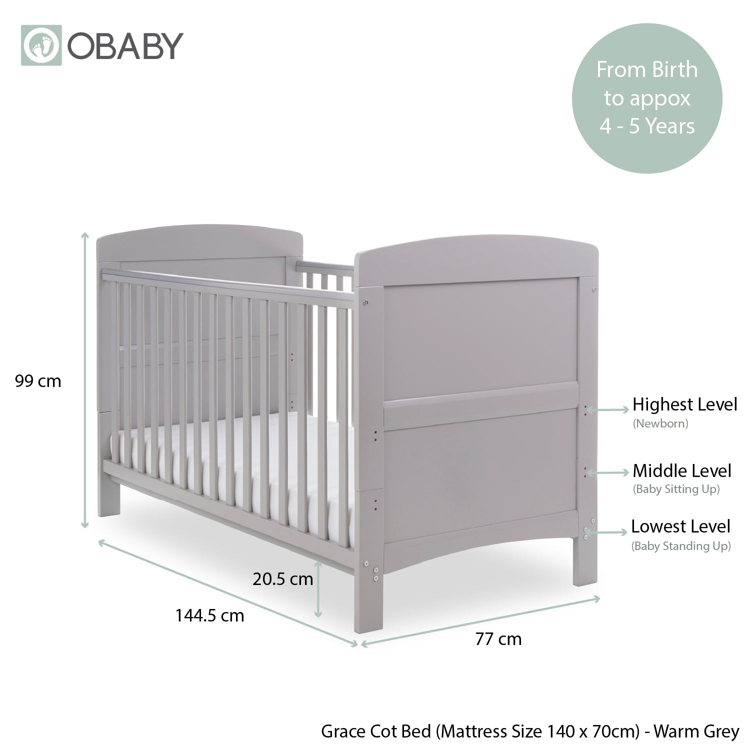 Grace Cot Bed Warm Grey – Obaby