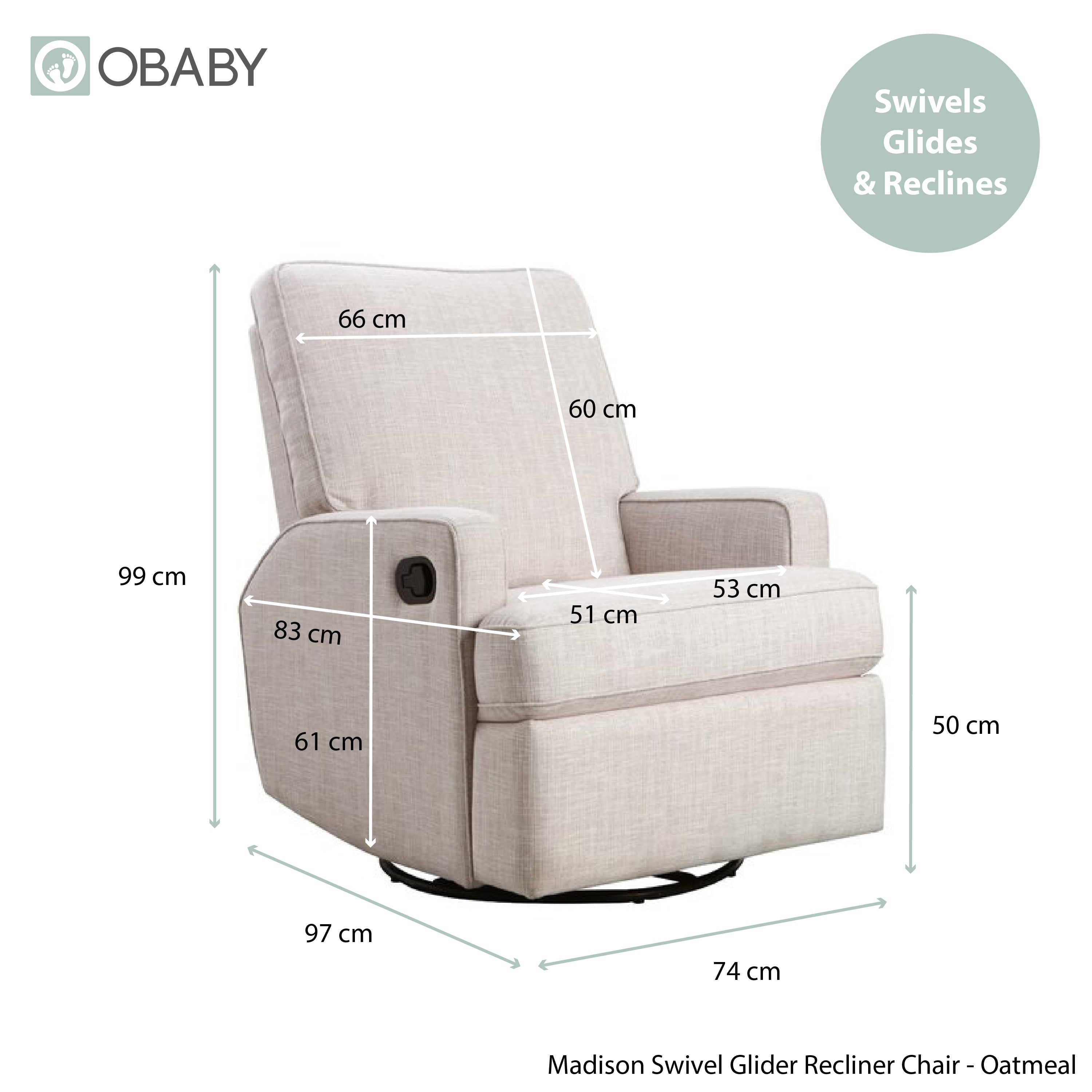 Reclining gliding chair in oatmeal colour in upright position with measurements