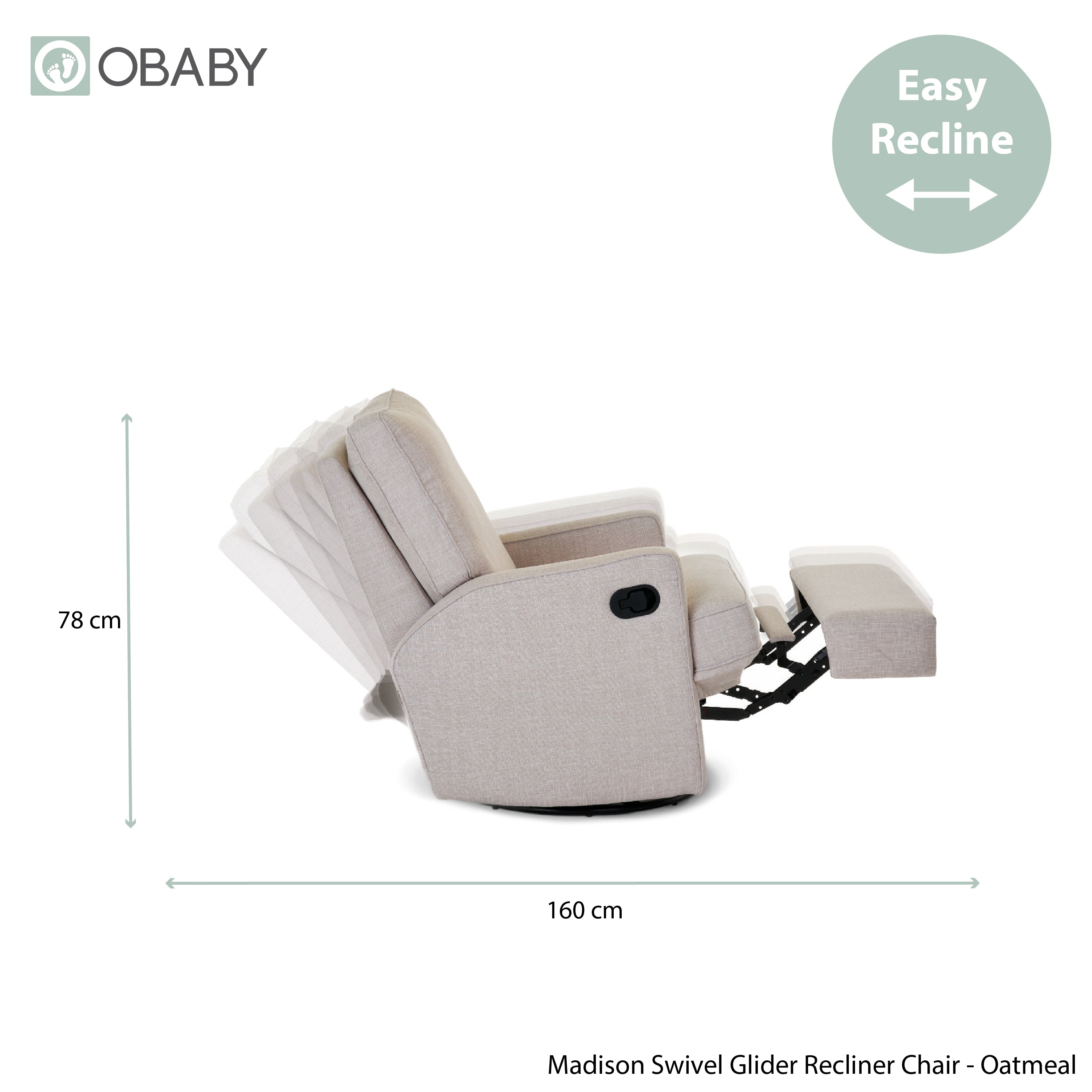 Reclining gliding chair in oatmeal colour in reclined position with measurements
