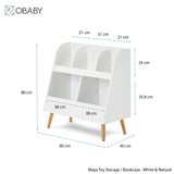 White bookshelf / toy storage unit with wooden feet and all measurements