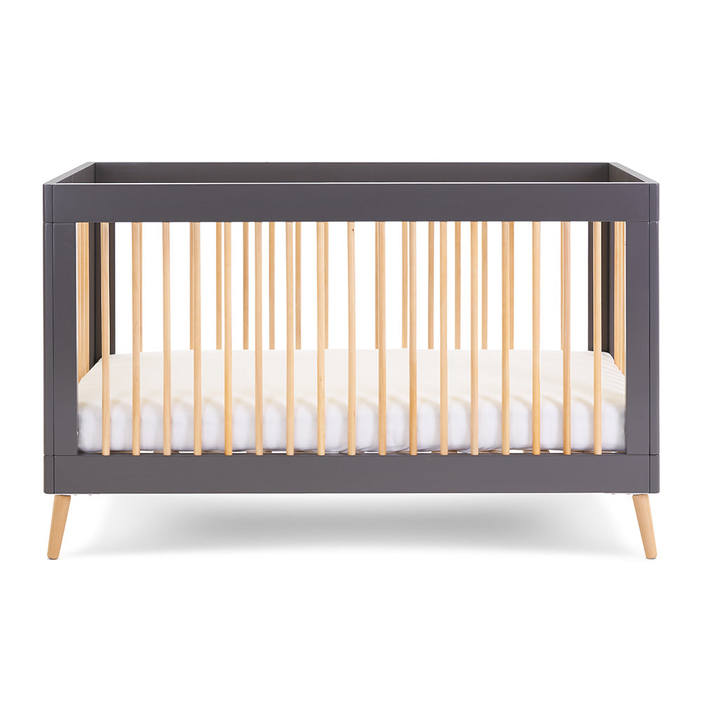Maya Scandi Cot Bed showing base has 3 levels. 