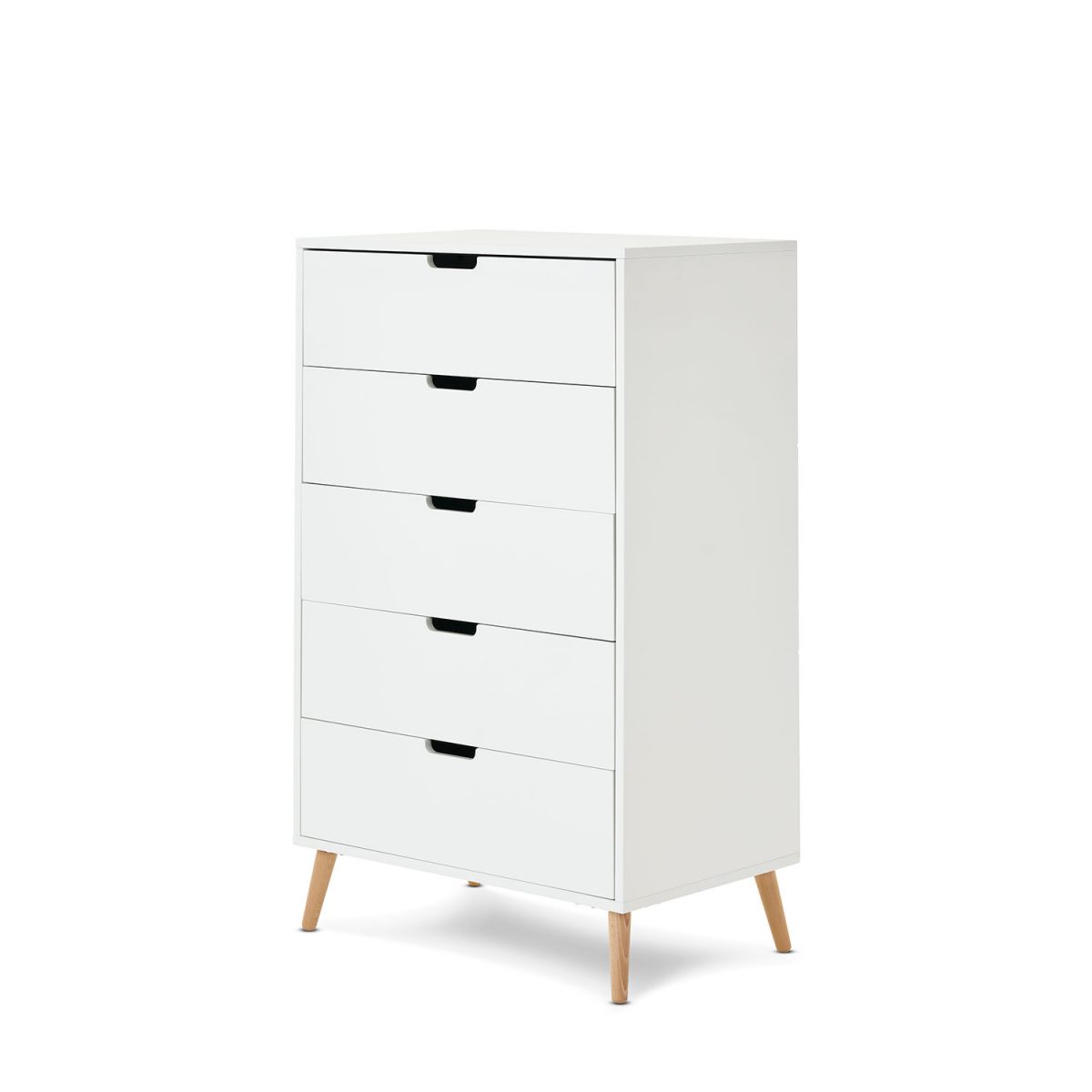 Tall chest of drawers with 5 drawers with open cut out handles. 