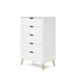 Tall chest of drawers with 5 drawers with open cut out handles. 