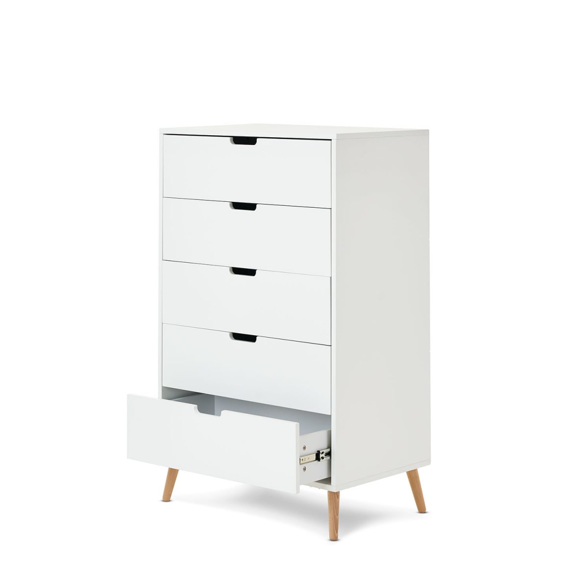 Scandi style tall chest with 5 drawers with open cut out handles