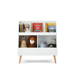 Open shelving unit, with large divided storage slots for baby's toys or books. 