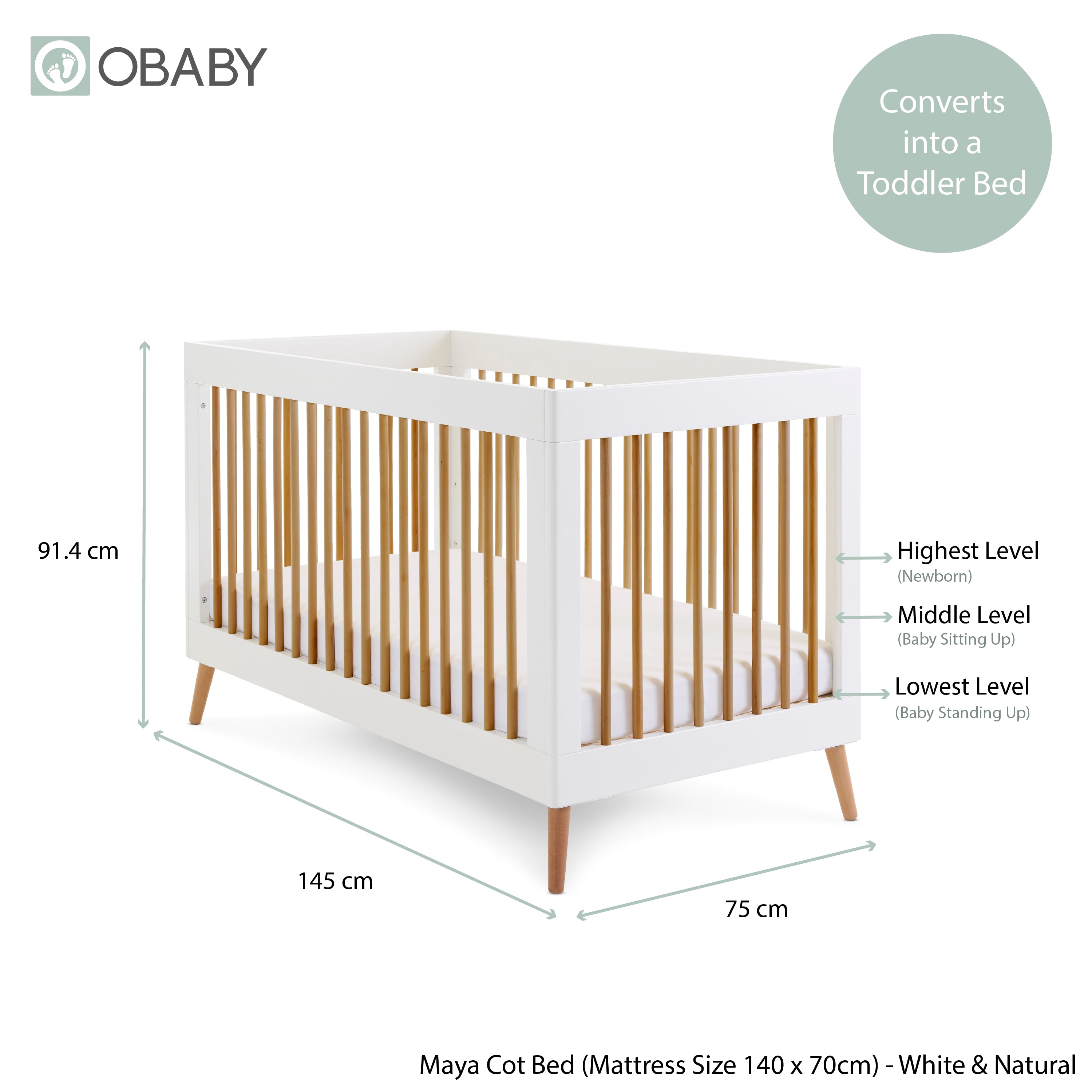 Maya Cot Bed White With Natural – Obaby - Main Image