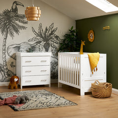 Mini Cot Bed 2 Piece Room Set includes changing unit with 3 drawers with metal handles. 