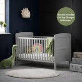 Grace Cot Bed, Cot Top Changer + Fibre Mattress - Warm Grey
