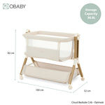 Bedside crib, next to me crib, with mesh sides, zipped panel for easy access to the baby, storage basket, on wheels, adjustable height showing storage capacity & product dimensions. 